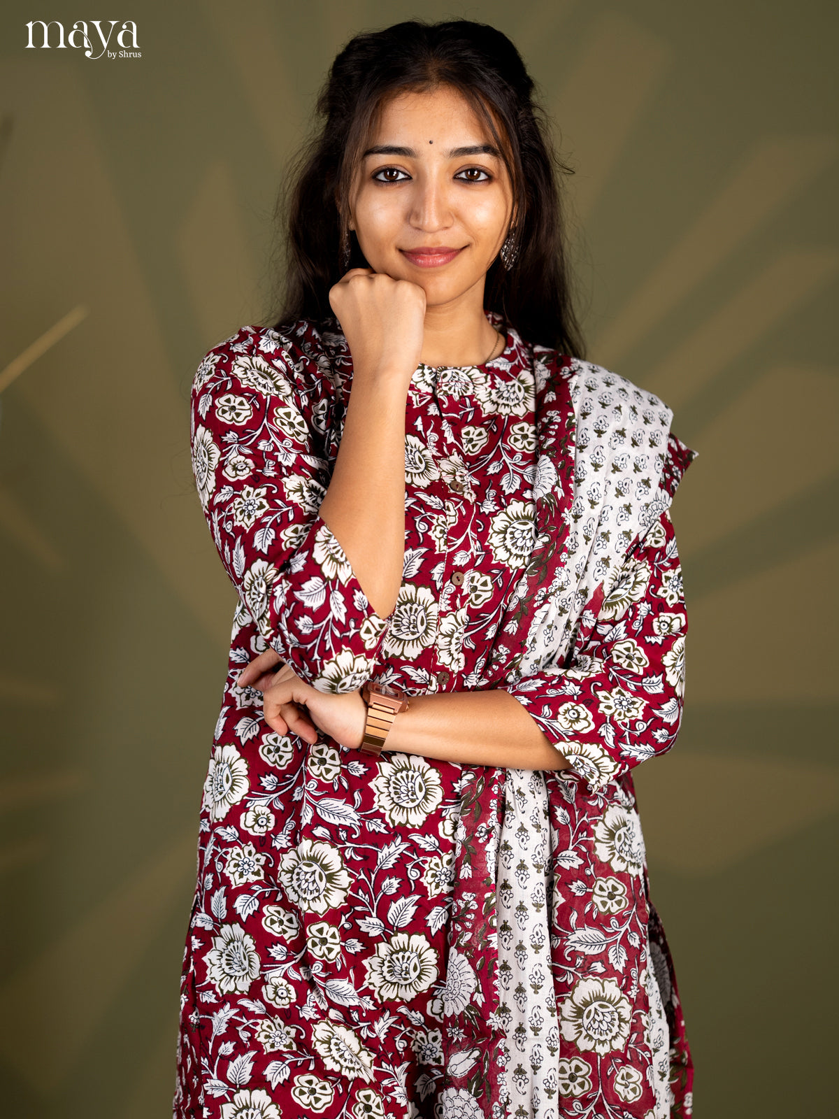 Burgundy Rayon 3pc Salwar Suit with Floral Print - Top, Bottom & Dupatta