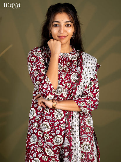 Burgundy Rayon 3pc Salwar Suit with Floral Print - Top, Bottom & Dupatta