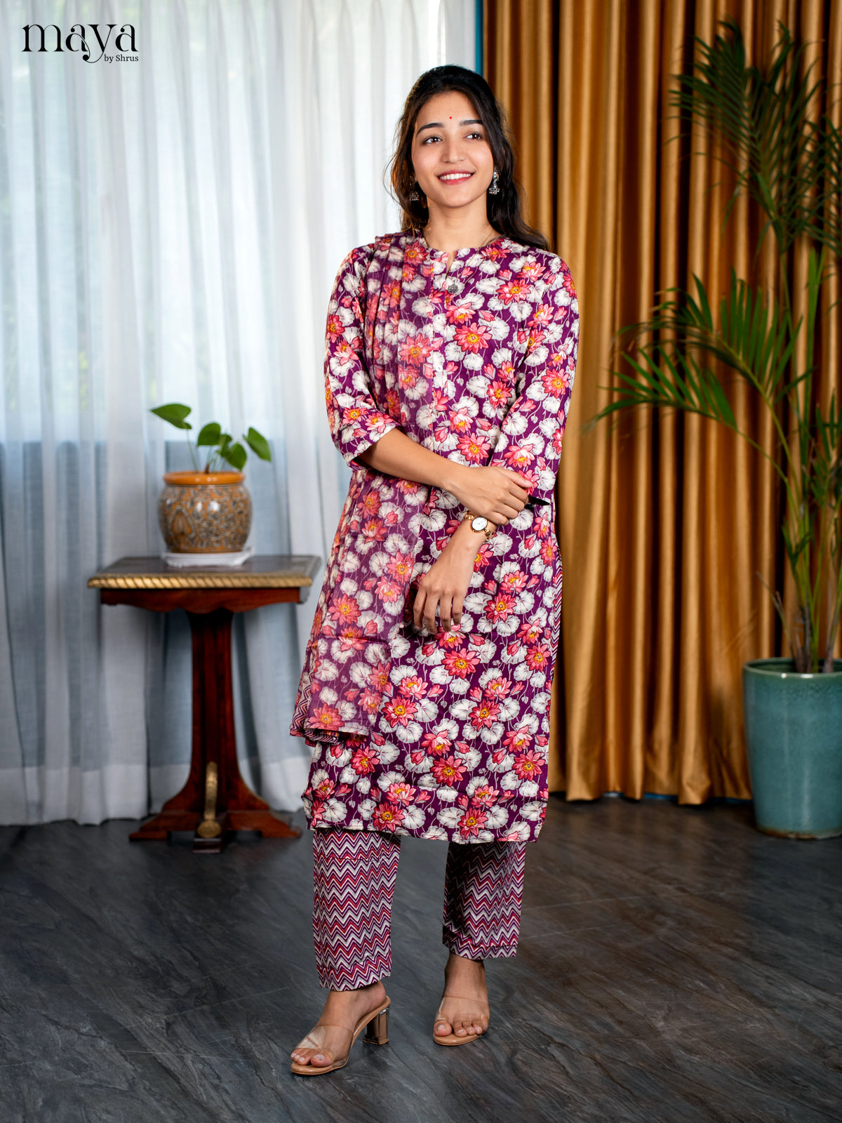 Plurple Rayon 3pc Salwar Suit with Floral Print - Top, Bottom & Dupatta
