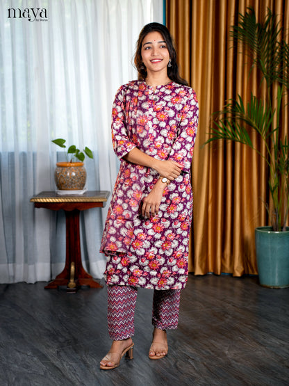 Plurple Rayon 3pc Salwar Suit with Floral Print - Top, Bottom & Dupatta