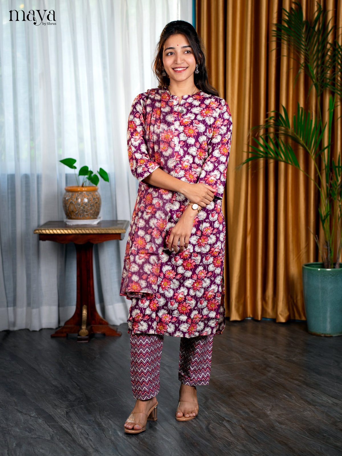 Plurple Rayon 3pc Salwar Suit with Floral Print - Top, Bottom & Dupatta