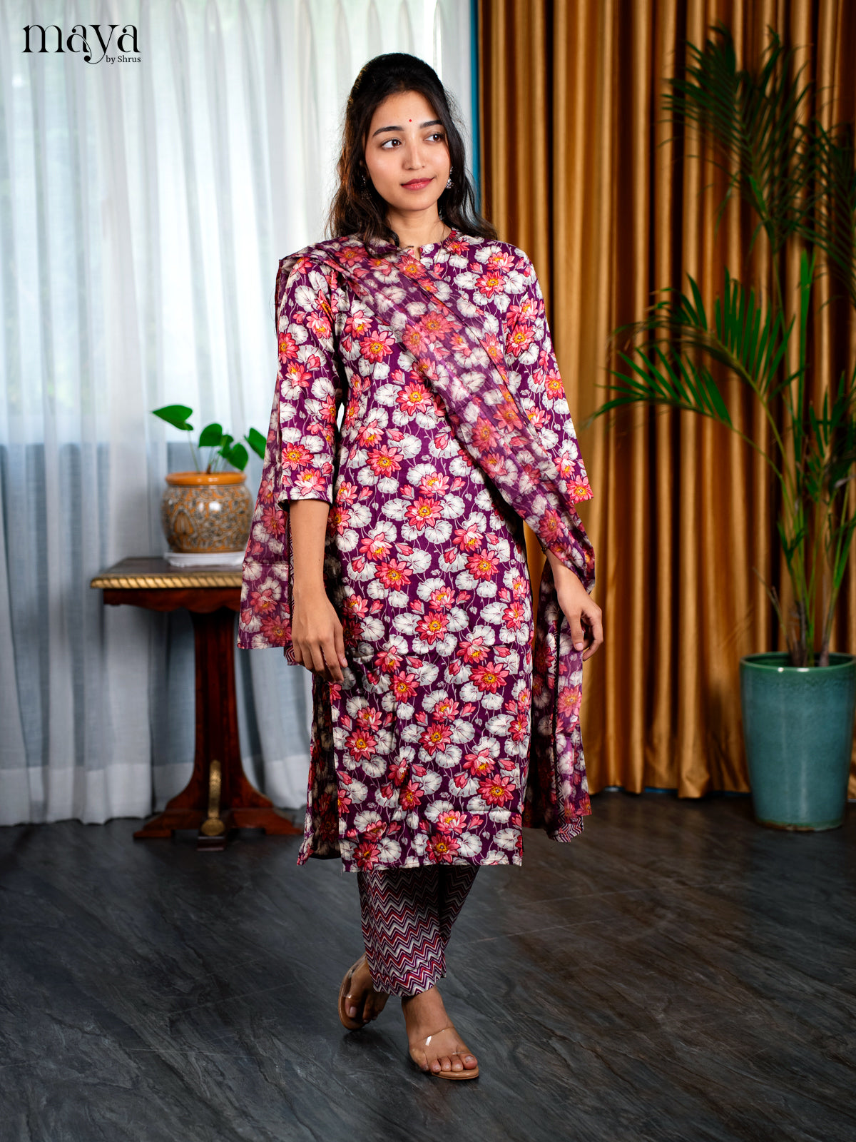 Plurple Rayon 3pc Salwar Suit with Floral Print - Top, Bottom & Dupatta
