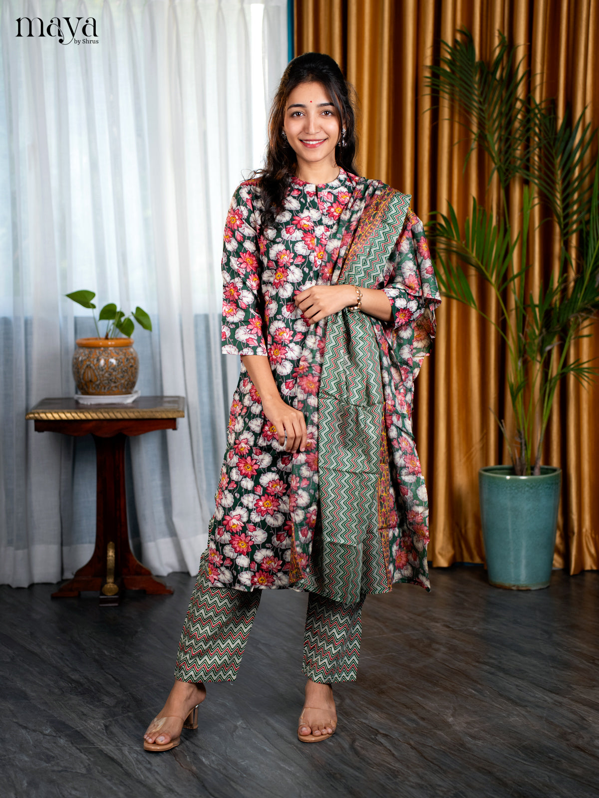 Green Rayon 3pc Salwar Suit with Florl Print - Top, Bottom & Dupatta