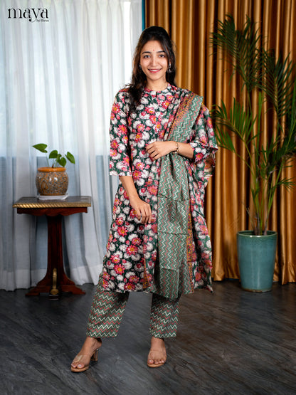 Green Rayon 3pc Salwar Suit with Florl Print - Top, Bottom & Dupatta