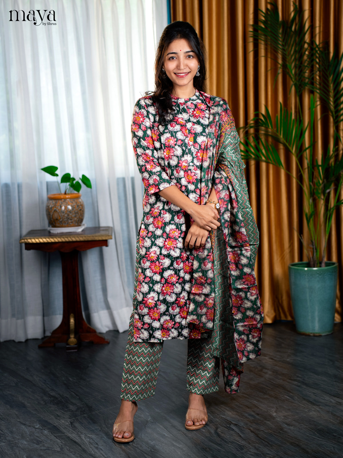 Green Rayon 3pc Salwar Suit with Florl Print - Top, Bottom & Dupatta