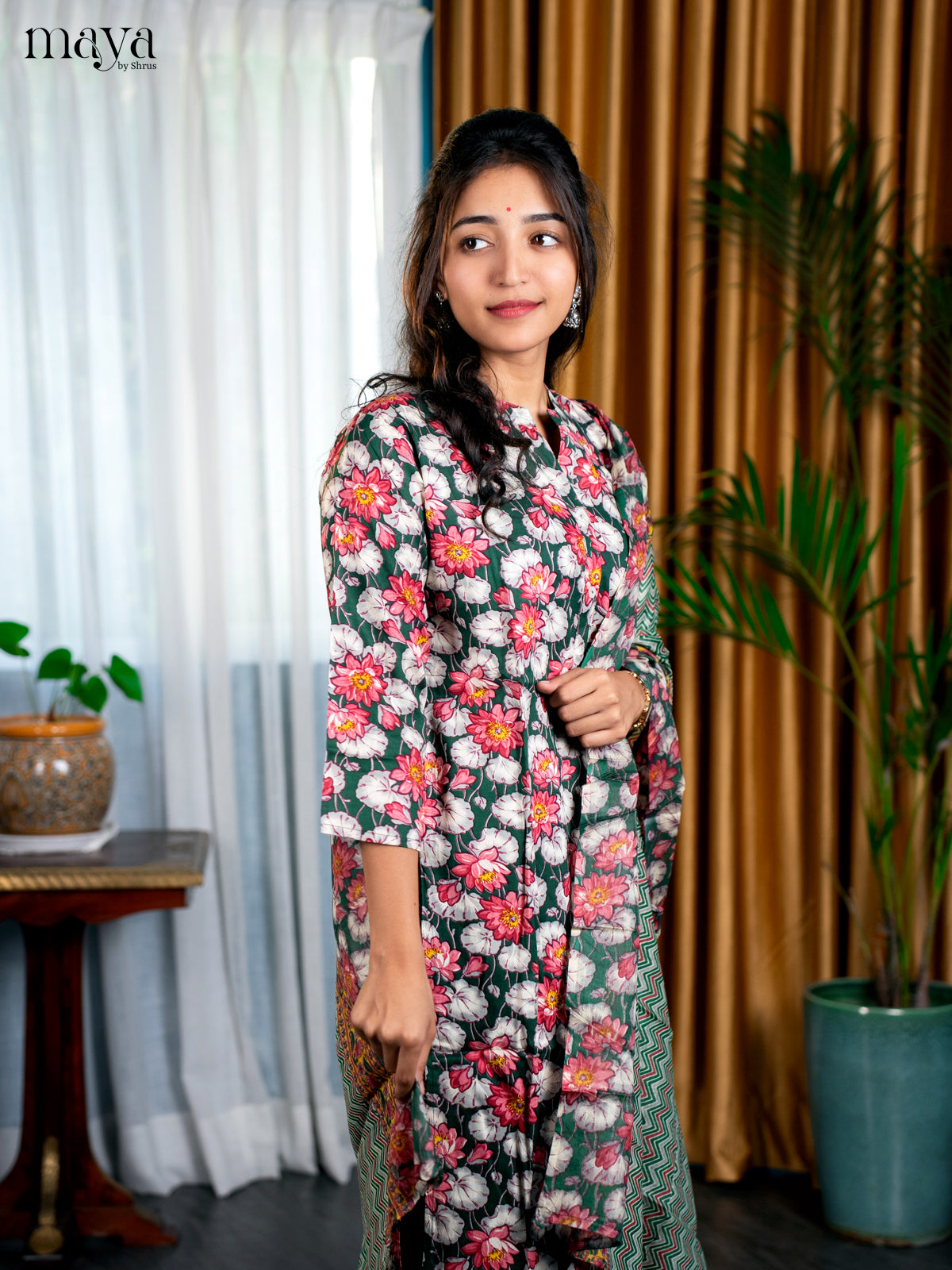 Green Rayon 3pc Salwar Suit with Florl Print - Top, Bottom & Dupatta