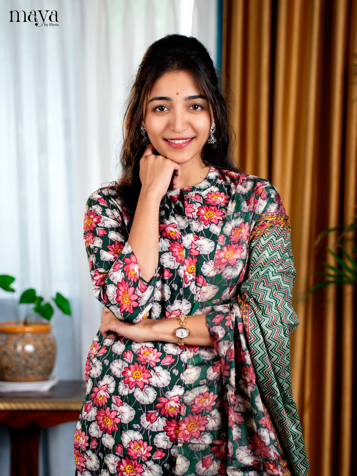 Green Rayon 3pc Salwar Suit with Florl Print - Top, Bottom & Dupatta