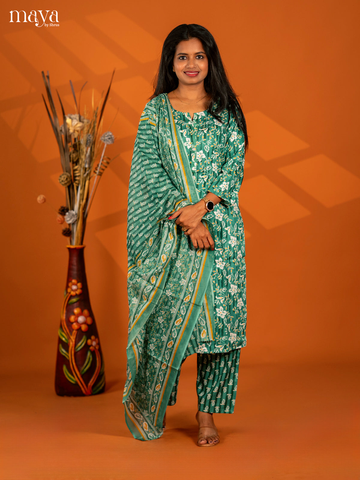 Green Rayon 3pc Salwar Suit with Florl Print - Top, Bottom & Dupatta