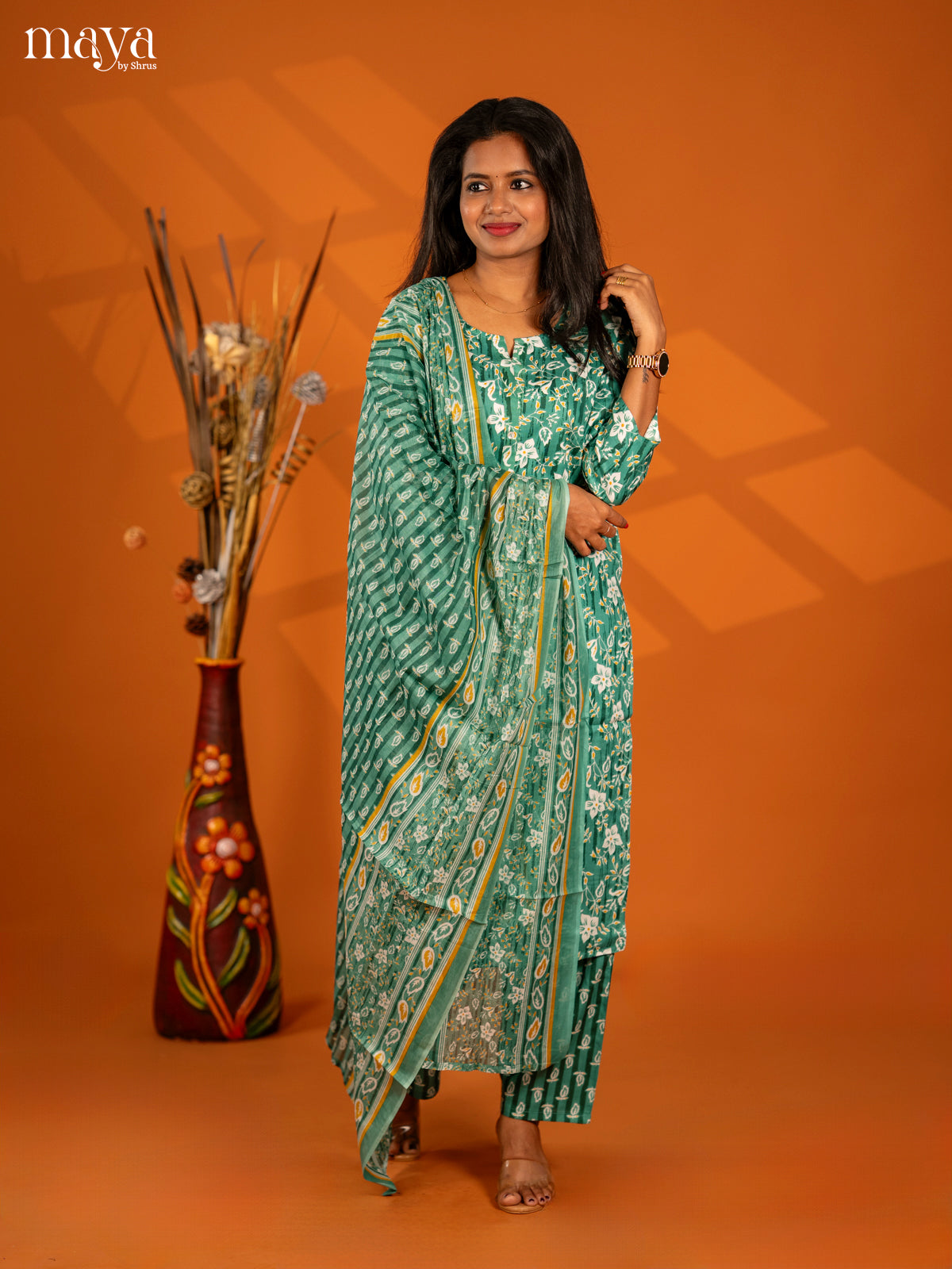 Green Rayon 3pc Salwar Suit with Florl Print - Top, Bottom & Dupatta