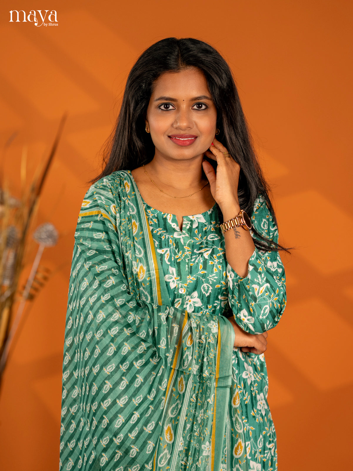 Green Rayon 3pc Salwar Suit with Florl Print - Top, Bottom & Dupatta