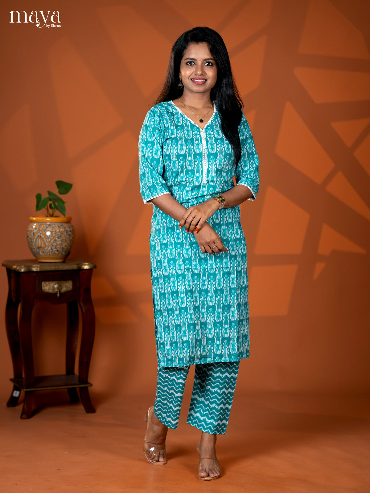 Sky Blue Cotton 2Pc Ikat Print Salwar Suit - Top & Bottom
