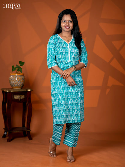 Sky Blue Cotton 2Pc Ikat Print Salwar Suit - Top & Bottom