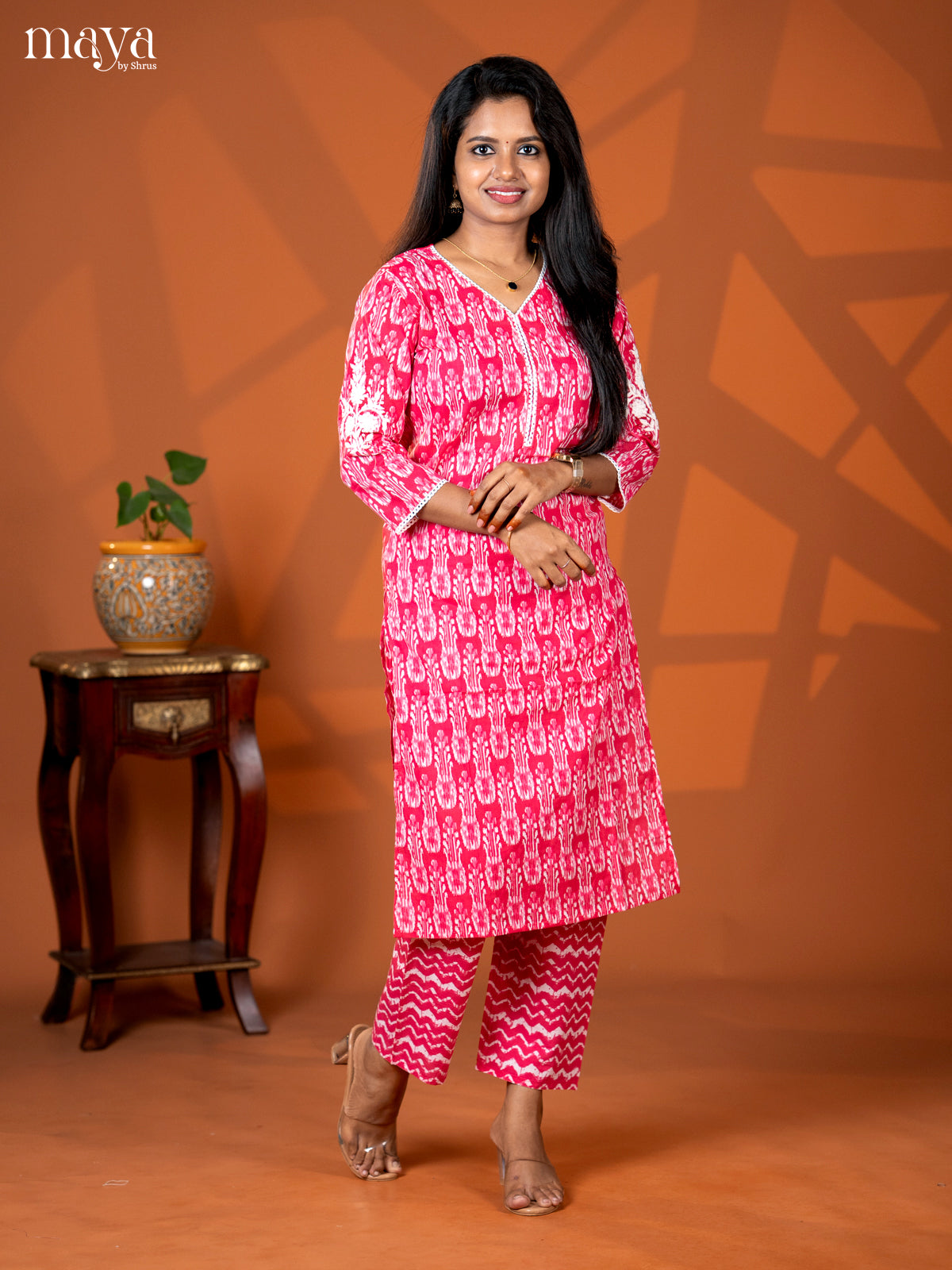 Pink Cotton 2pc Cotton Ikat Print Salwar Suit - Top & Bottom