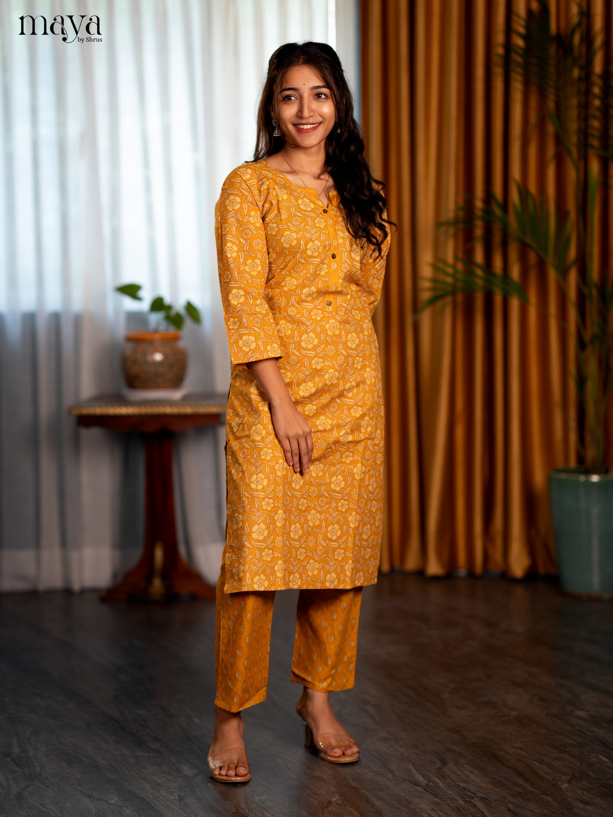 Mustrad Yellow Cotton 2pc Floral Print Salwar Suit - Top & Bottom