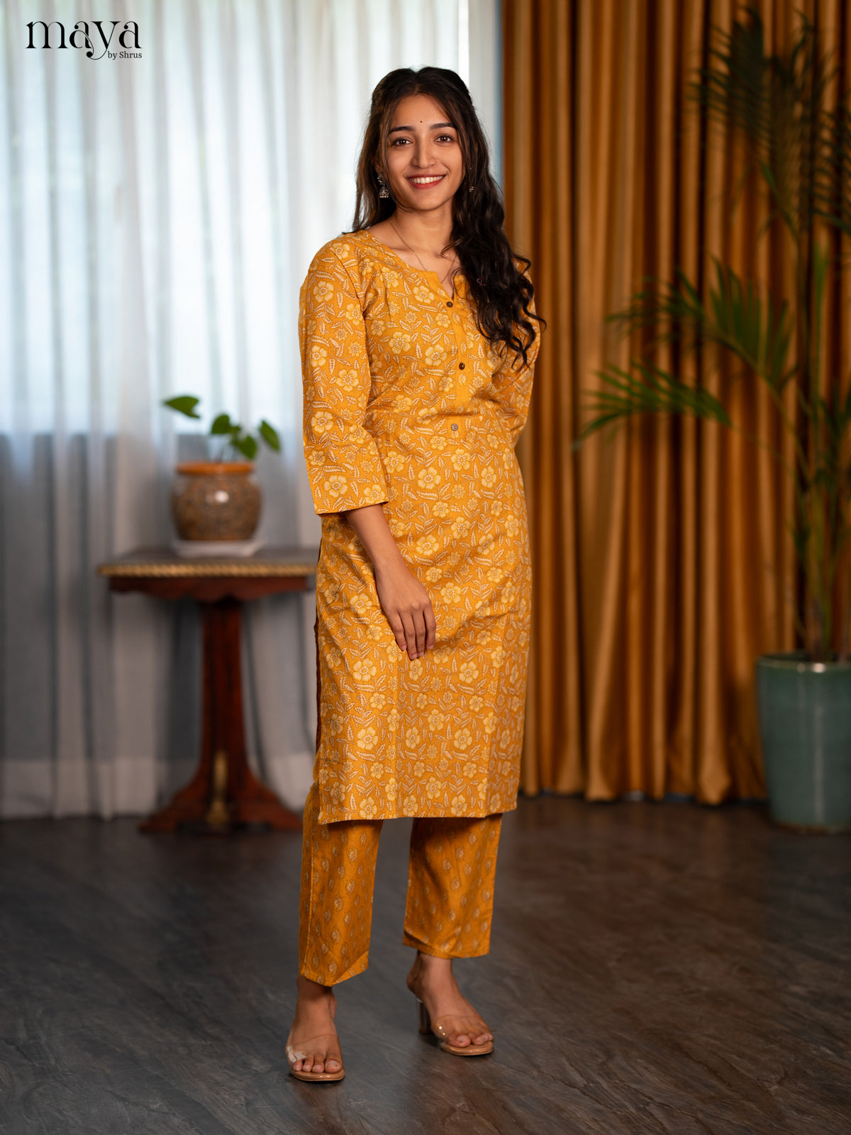 Mustrad Yellow Cotton 2pc Floral Print Salwar Suit - Top & Bottom