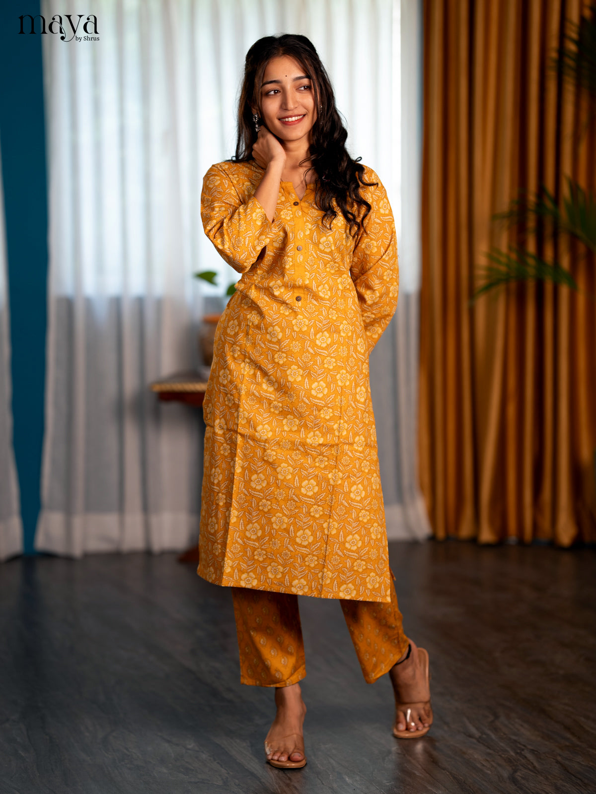 Mustrad Yellow Cotton 2pc Floral Print Salwar Suit - Top & Bottom