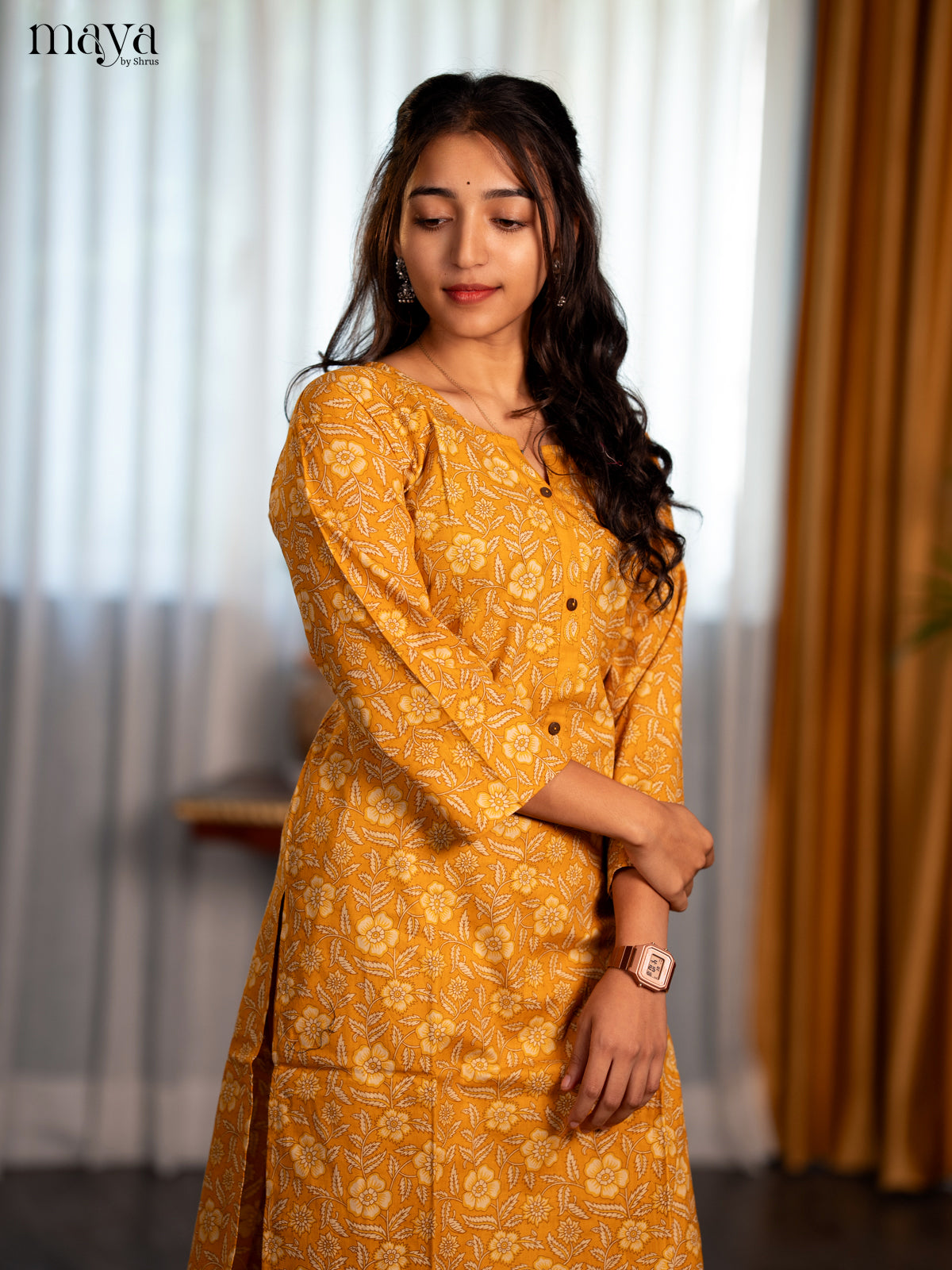 Mustrad Yellow Cotton 2pc Floral Print Salwar Suit - Top & Bottom