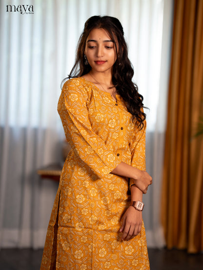 Mustrad Yellow Cotton 2pc Floral Print Salwar Suit - Top & Bottom
