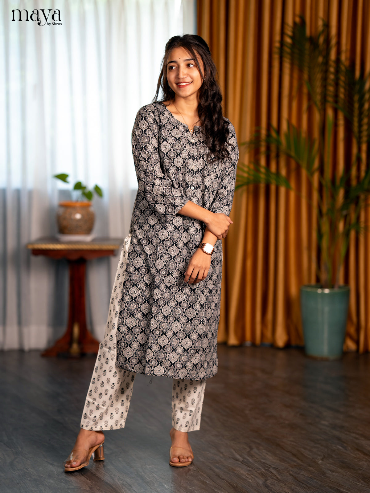 Black Cotton 2pc Ajrakh Print Salwar Suit - Top & Bottom