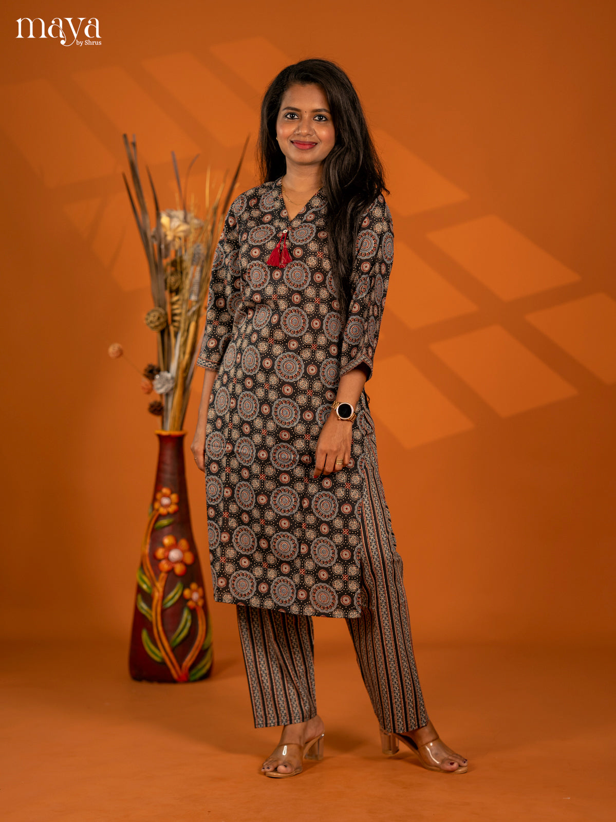 Black Cotton 2pc Ajrakh Print Salwar Suit - Top & Bottom