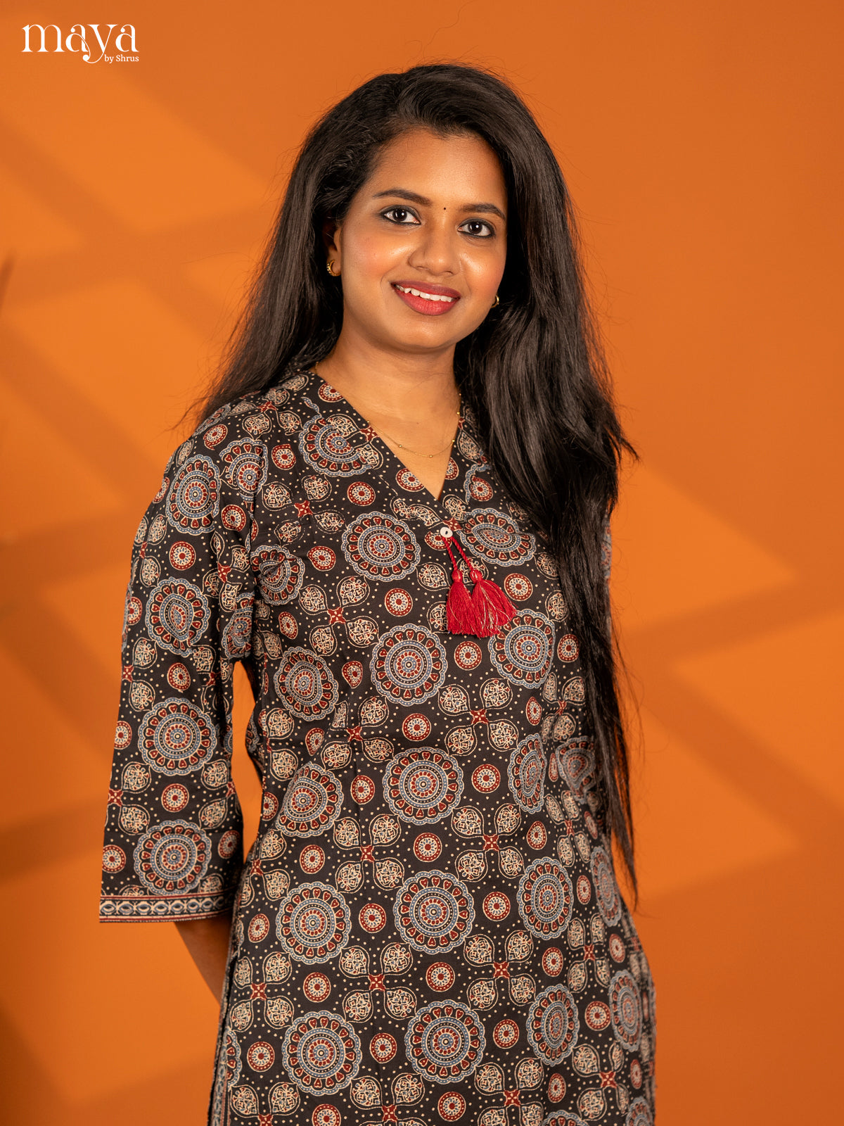 Black Cotton 2pc Ajrakh Print Salwar Suit - Top & Bottom