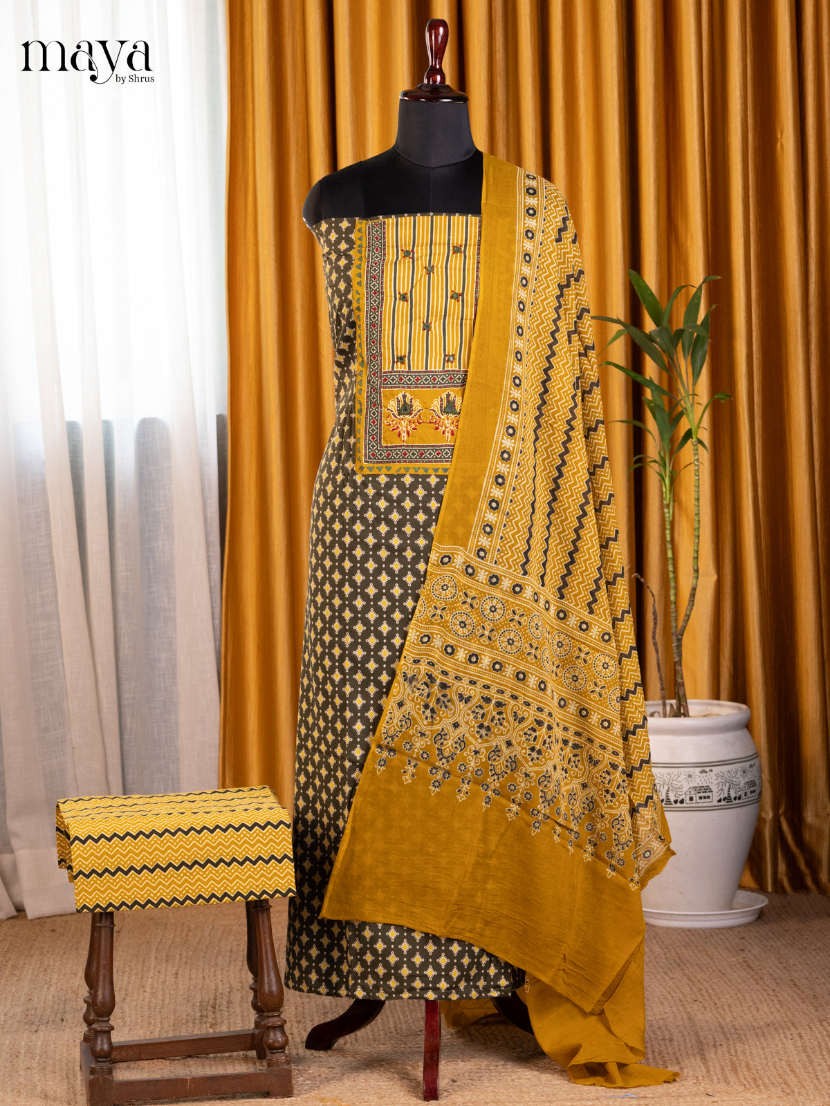 Green & Mustard - Ajrakh Salwar Unstitch