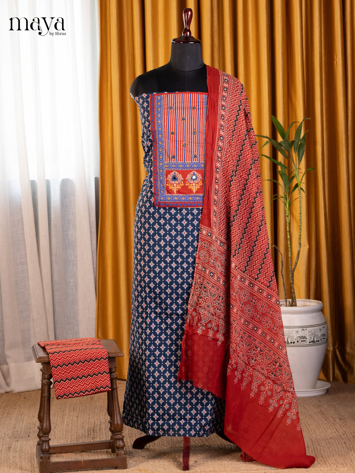 Blue & Red - Ajrakh Salwar Unstitch
