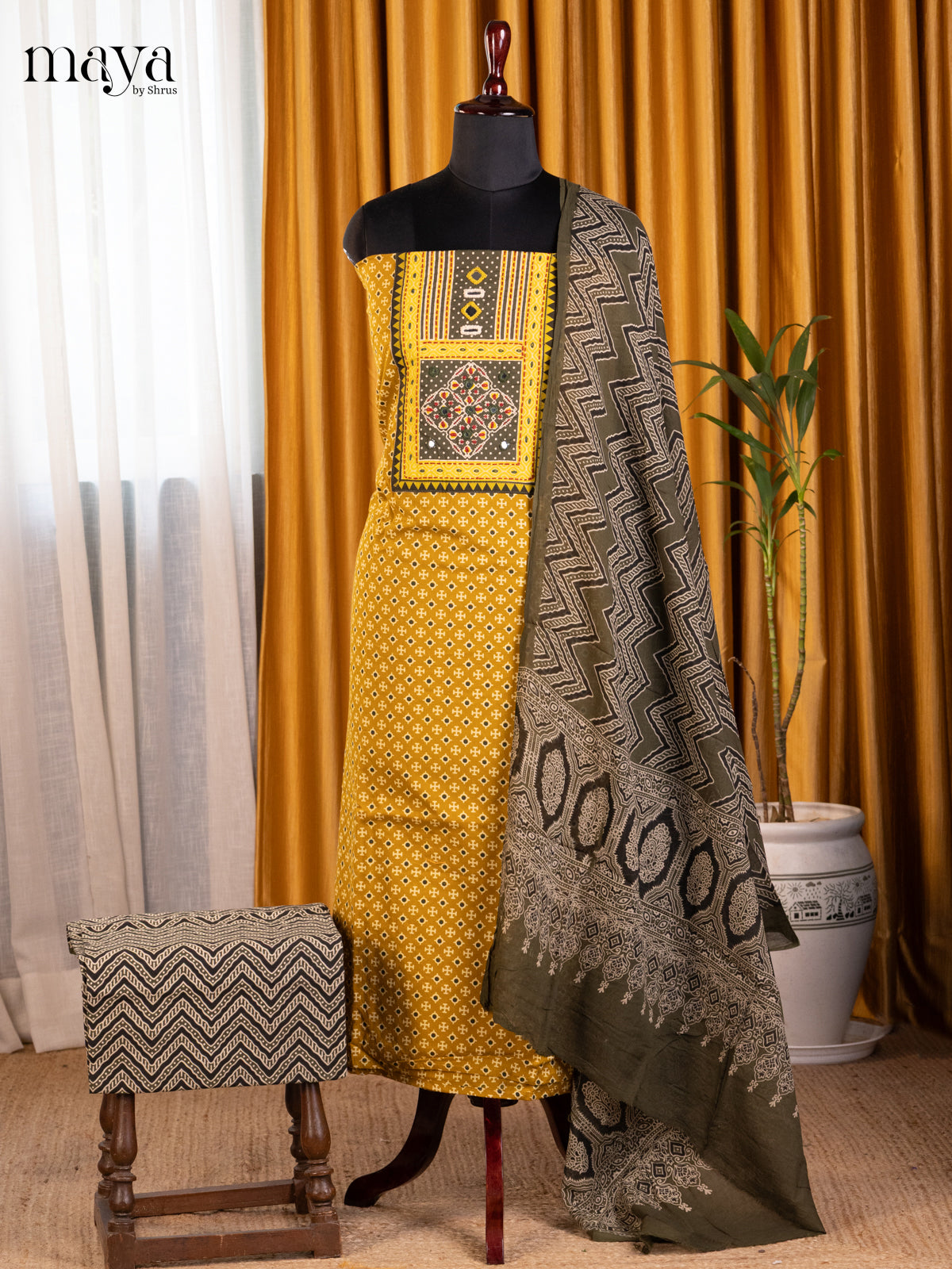 Mustard & Green- Ajrakh Salwar Unstitch
