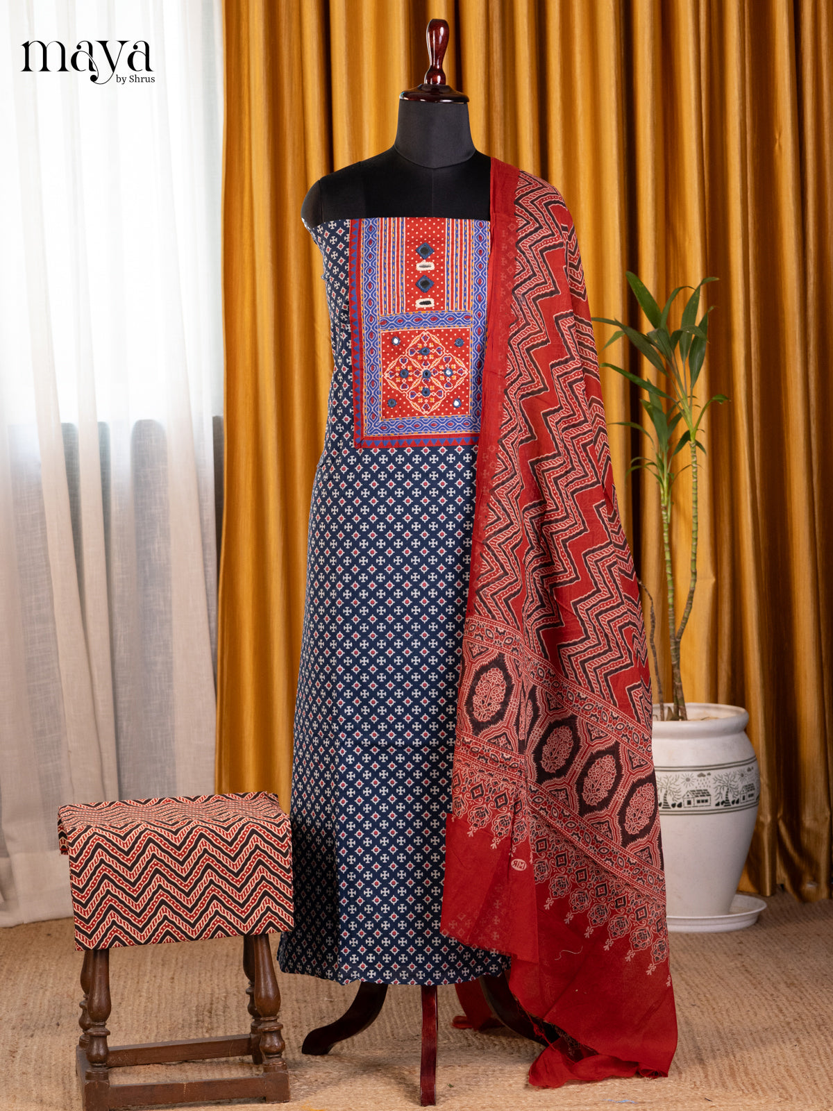 Blue & Red - Ajrakh Salwar Unstitch