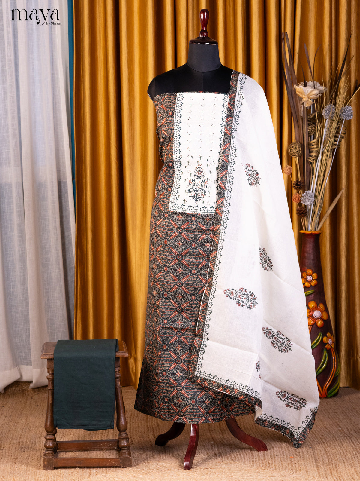 Dark Green & Cream- Cotton salwar