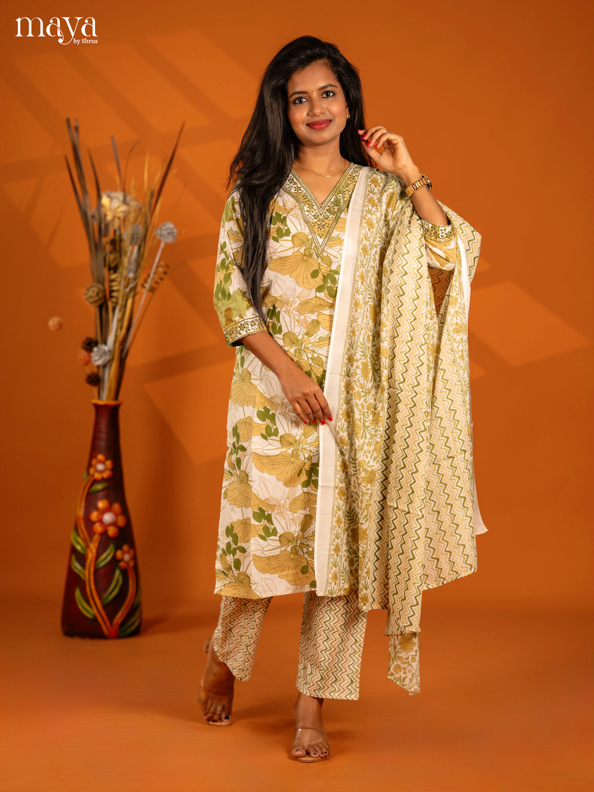 Light Green Cotton 3pc Salwar Suit with Floral Print - Top, Bottom & Dupatta