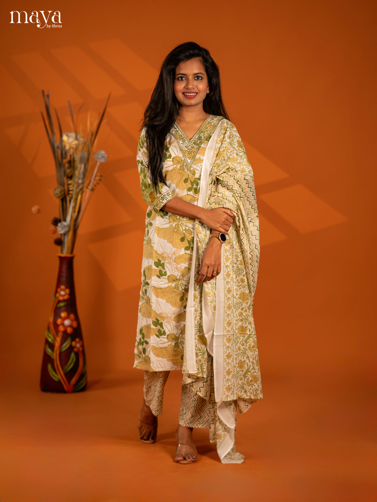 Light Green Cotton 3pc Salwar Suit with Floral Print - Top, Bottom & Dupatta
