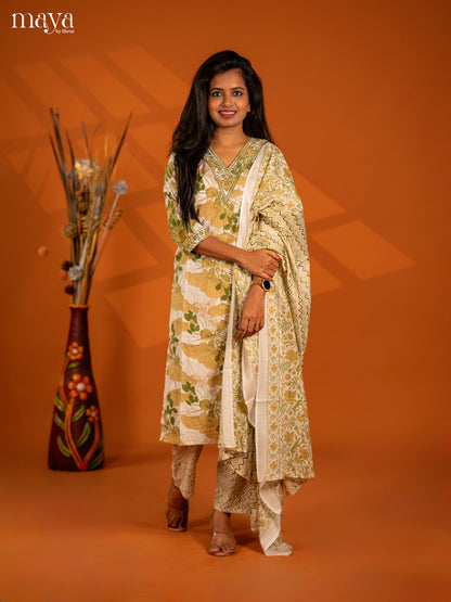 Light Green Cotton 3pc Salwar Suit with Floral Print - Top, Bottom & Dupatta