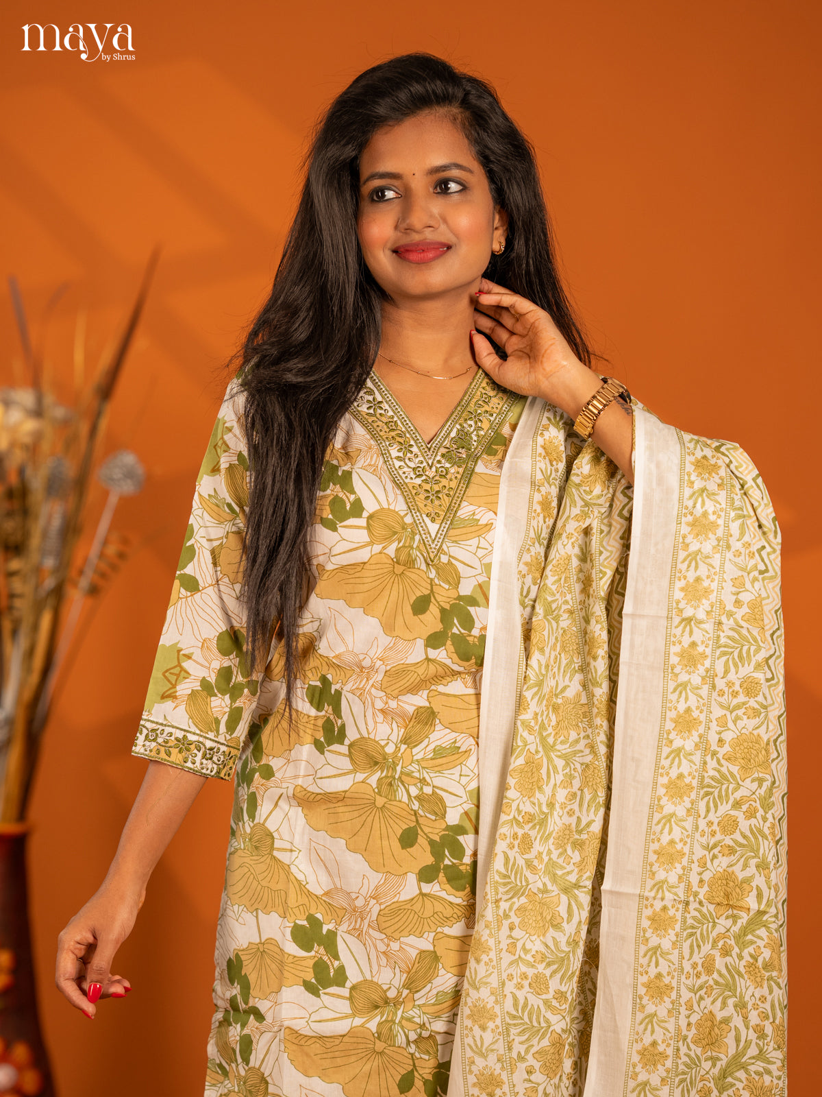 Light Green Cotton 3pc Salwar Suit with Floral Print - Top, Bottom & Dupatta