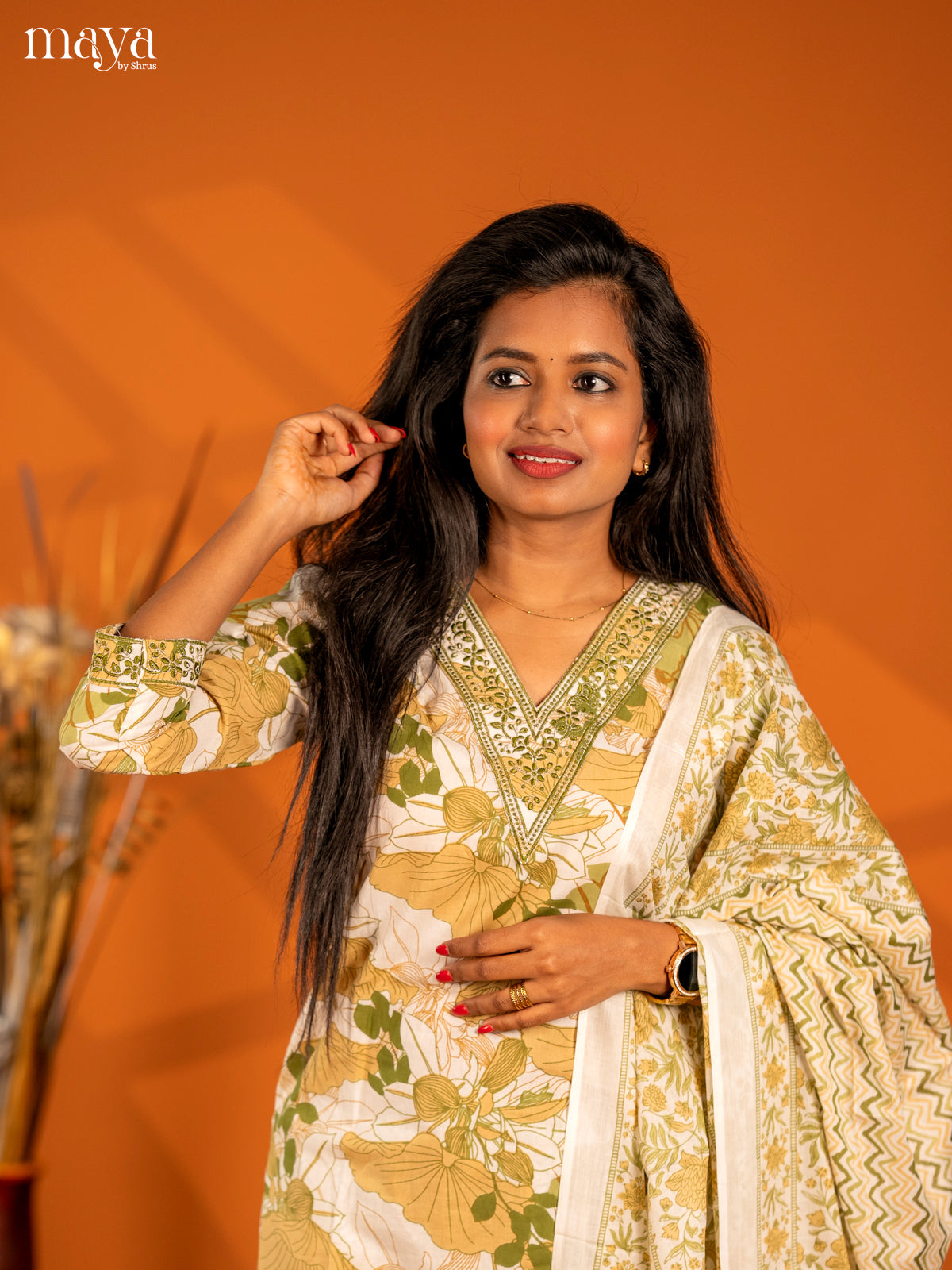 Light Green Cotton 3pc Salwar Suit with Floral Print - Top, Bottom & Dupatta
