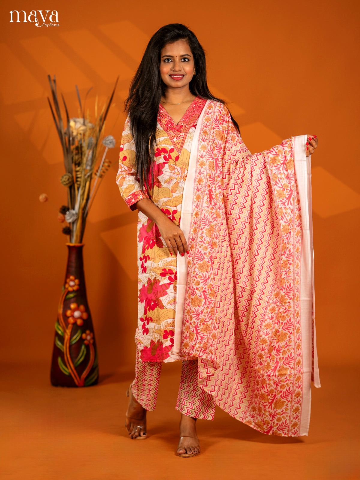 Light pink Cotton 3pc Salwar Suit with Floral Print - Top, Bottom & Dupatta