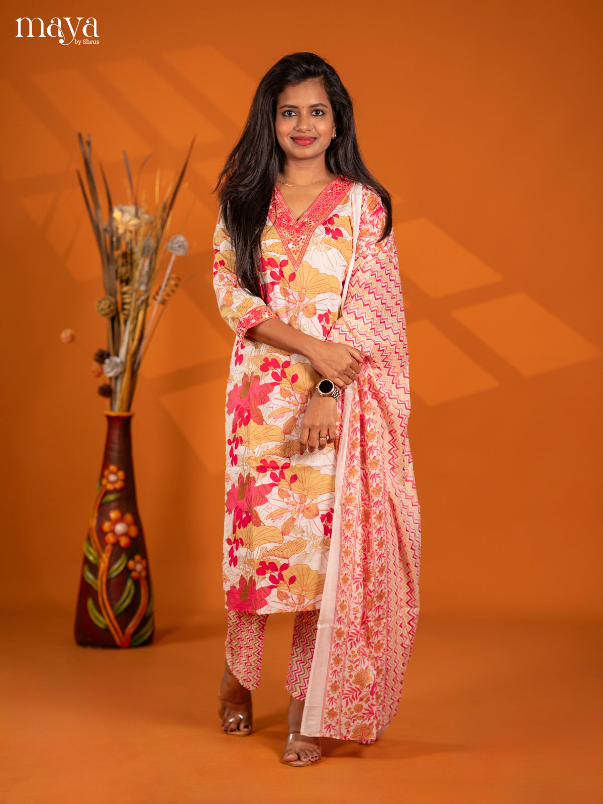 Light pink Cotton 3pc Salwar Suit with Floral Print - Top, Bottom & Dupatta