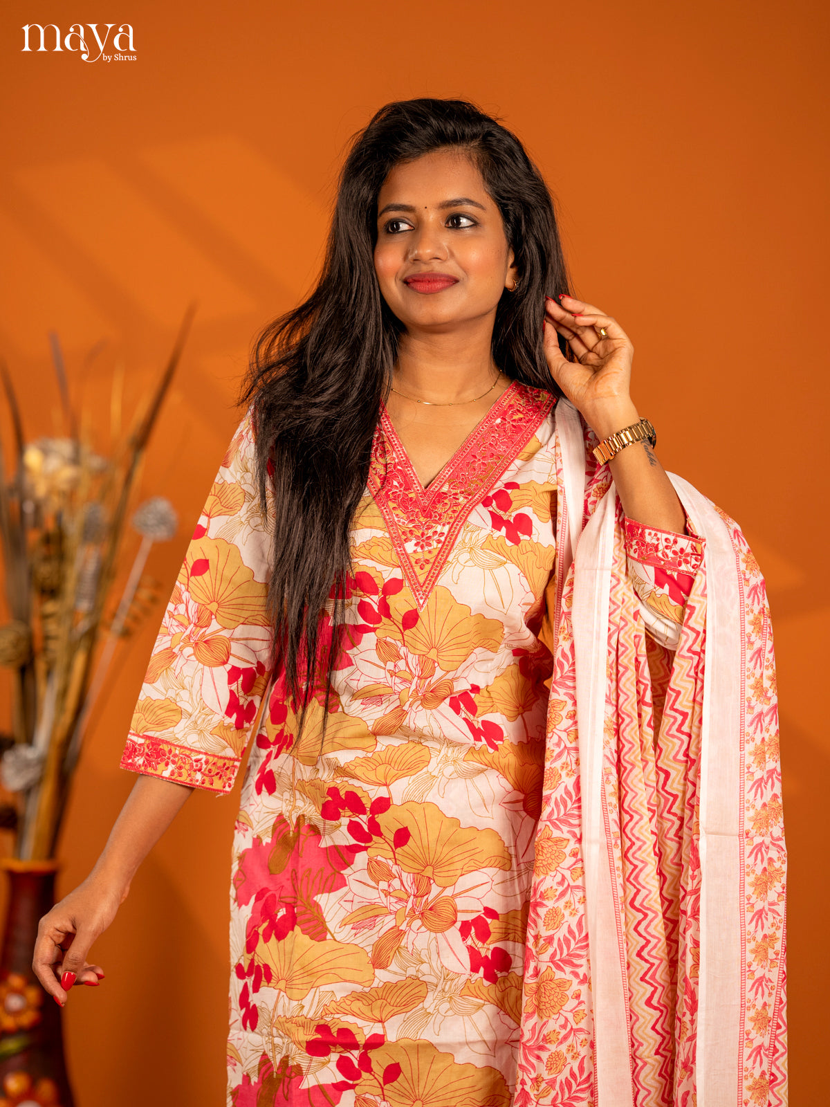 Light pink Cotton 3pc Salwar Suit with Floral Print - Top, Bottom & Dupatta