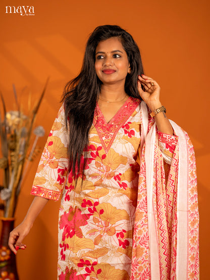 Light pink Cotton 3pc Salwar Suit with Floral Print - Top, Bottom & Dupatta