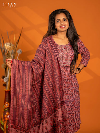 Light Purple Cotton 3pc Salwar Suit with Floral Print - Top, Bottom & Dupatta