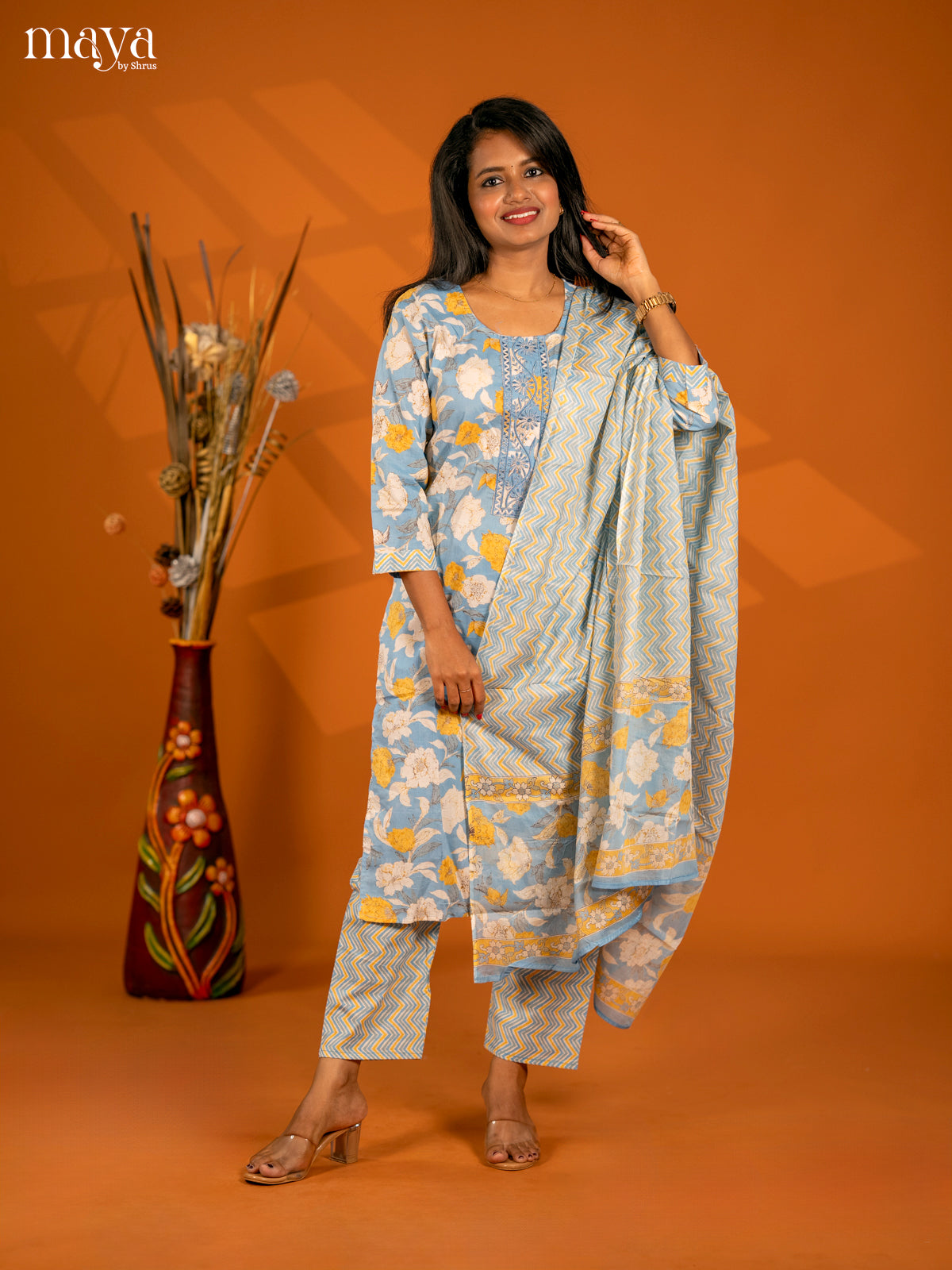 Ice Blue Cotton 3pc Salwar Suit with Floral Print - Top, Bottom & Dupatta