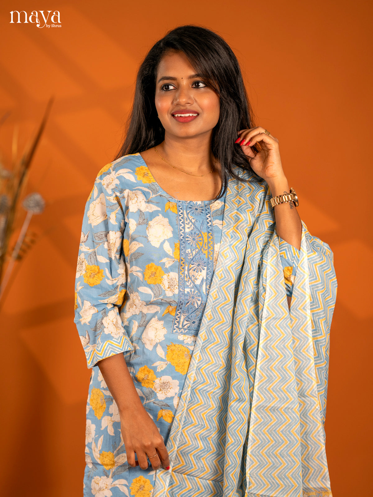 Ice Blue Cotton 3pc Salwar Suit with Floral Print - Top, Bottom & Dupatta