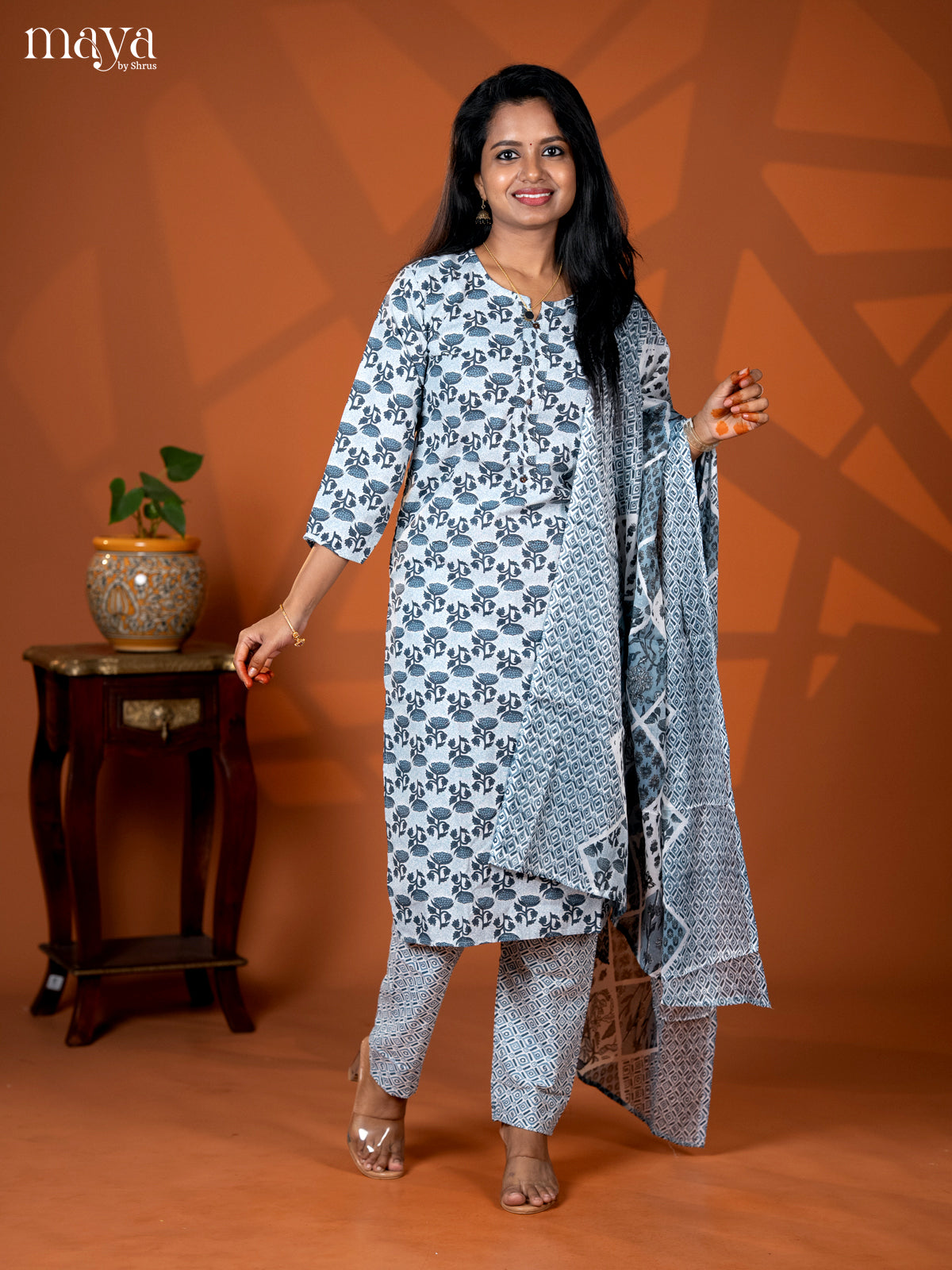 Peacock Blue Cotton 3pc Salwar Suit with Floral Print - Top, Bottom & Dupatta