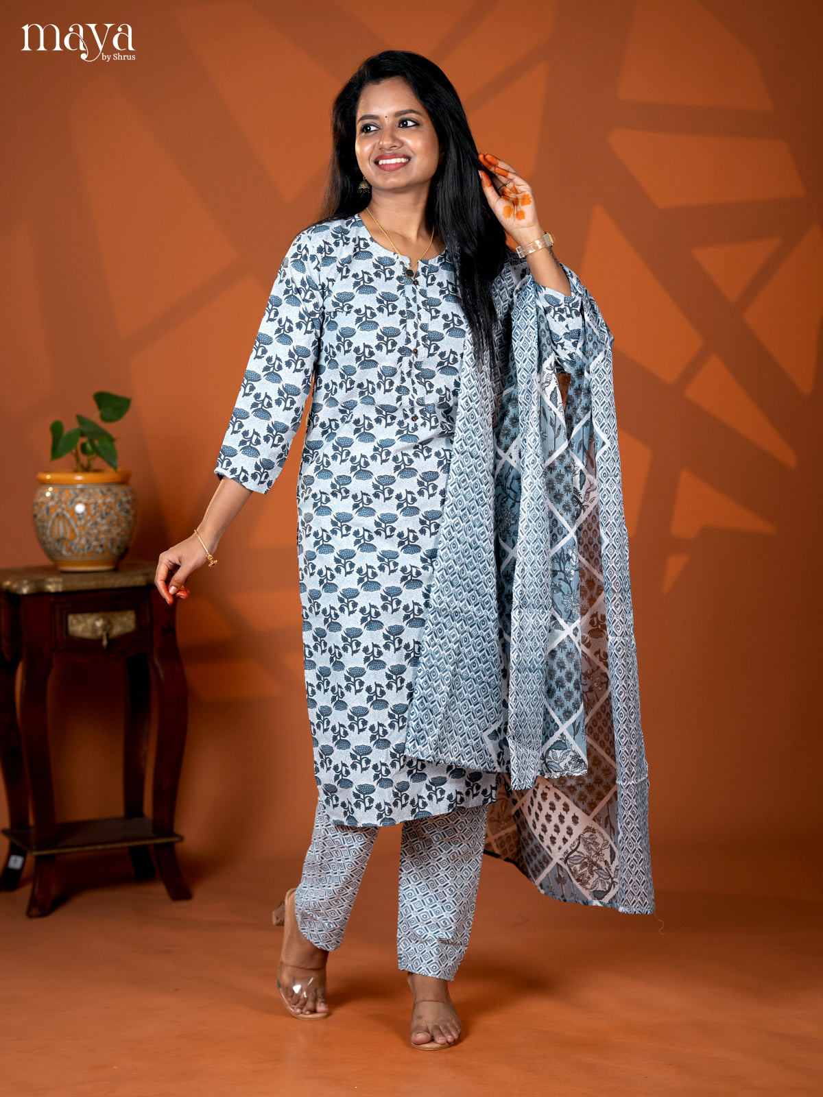 Peacock Blue Cotton 3pc Salwar Suit with Floral Print - Top, Bottom & Dupatta