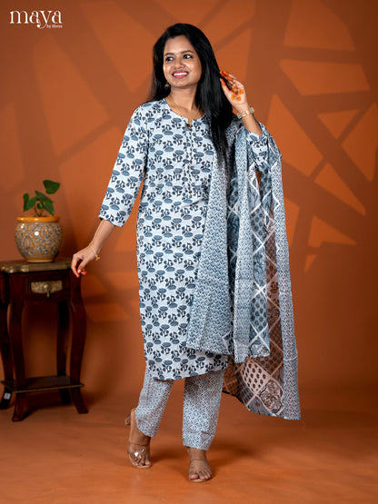 Peacock Blue Cotton 3pc Salwar Suit with Floral Print - Top, Bottom & Dupatta