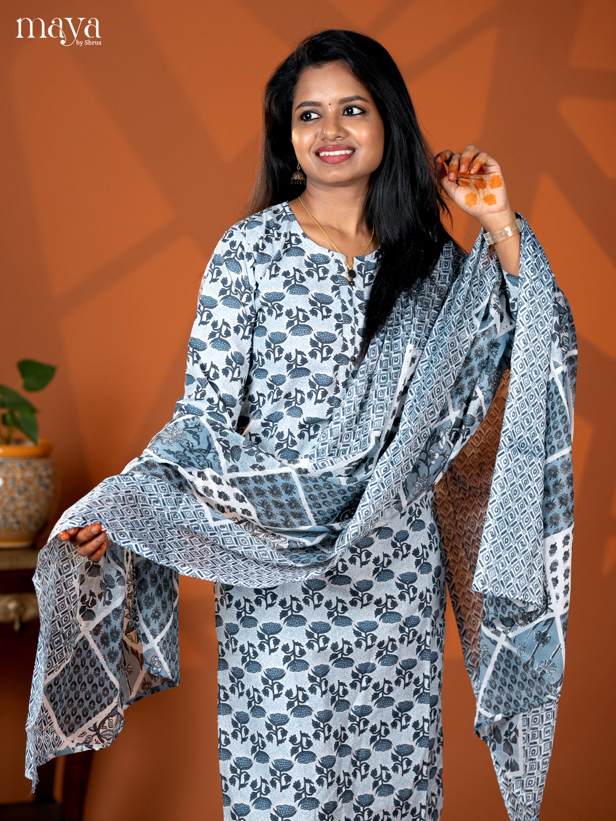 Peacock Blue Cotton 3pc Salwar Suit with Floral Print - Top, Bottom & Dupatta