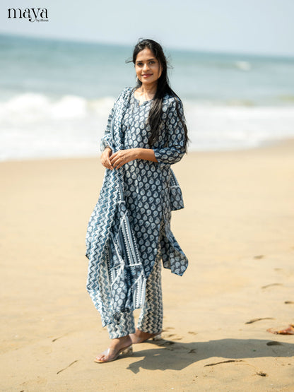 Dark Greyish Blue Cotton 3pc Salwar suit with Pasiley Print - Top, Bottom & Dupatta