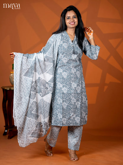Grey Cotton 3pc Salwar suit with Floral Print - Top, Bottom & Dupatta
