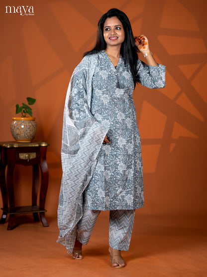 Grey Cotton 3pc Salwar suit with Floral Print - Top, Bottom & Dupatta