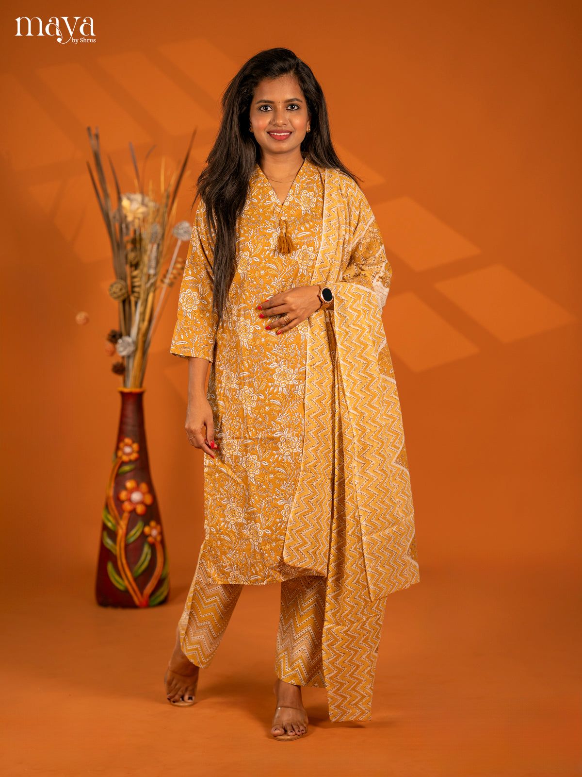 Mustrad Cotton 3pc Salwar Suit with Floral Print - Top, Botton & Dupatta